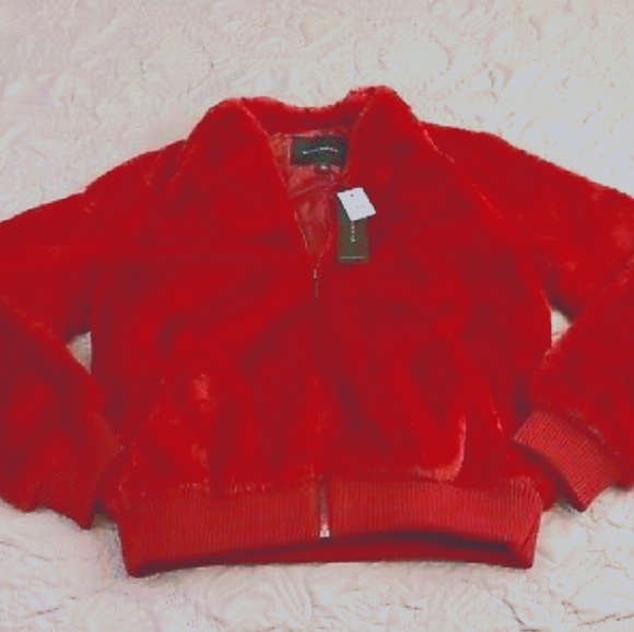 Banana Republic Jackets & Blazers - Gorgeous BR Red Faux Bomber Fur